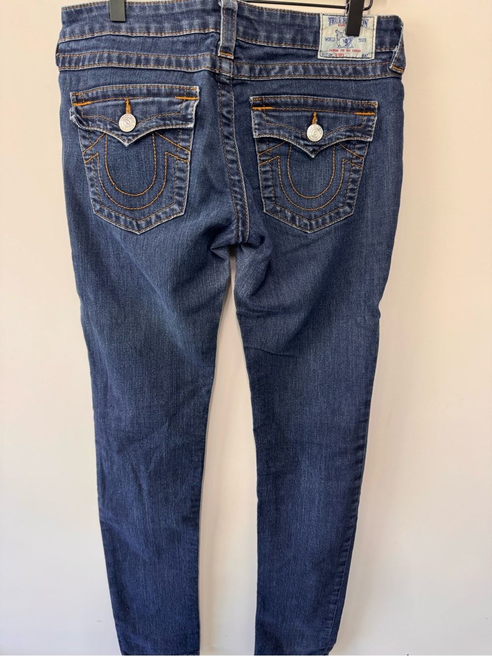2014 True Religion Dark Blue Skinny Jeans with Orange Horseshoe Flap size 3